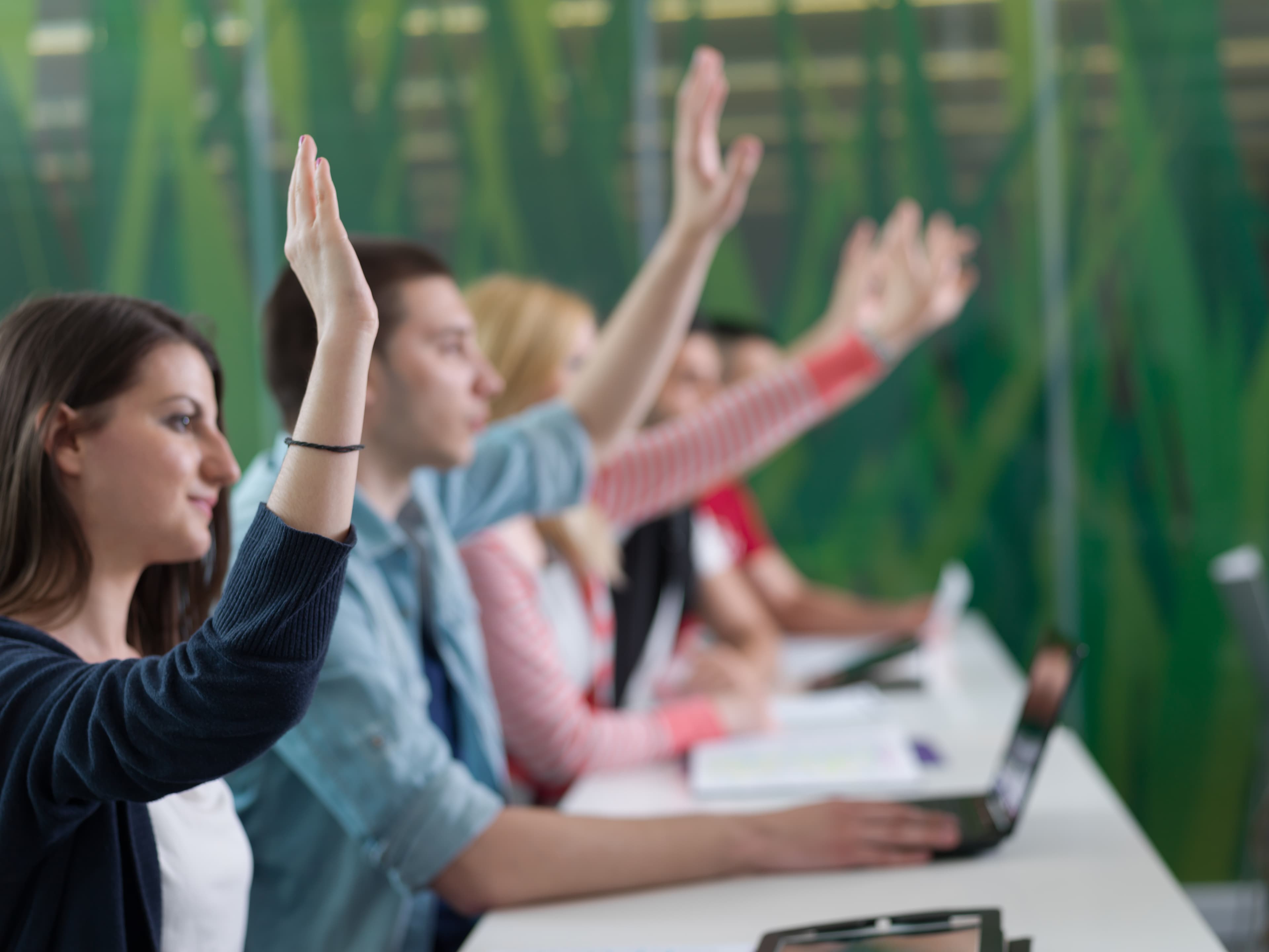 A class with the students raising their hands.