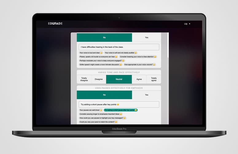 A feedback form being filled out on the eduFade platform